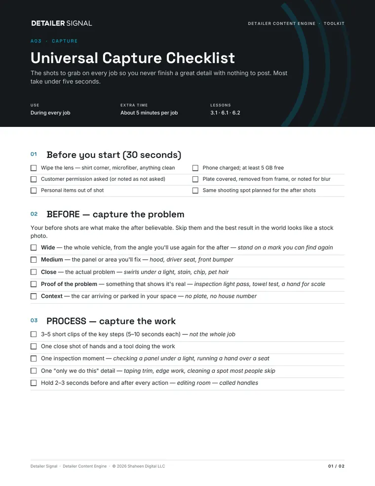 First page of tool A03, Universal Capture Checklist
